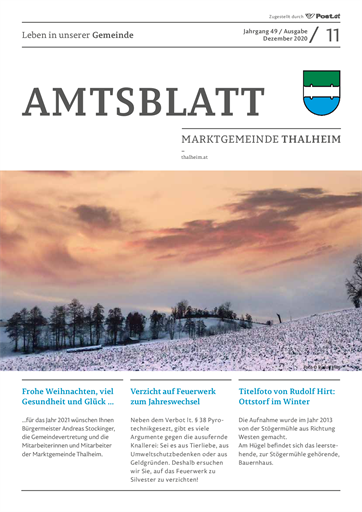 Titelblatt des Amtsblattes mit einem Foto von einer Winterlandschaft in Thalheim
