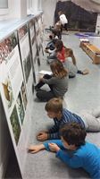 Die Kinder der Volksschule Thalheim sitzen in Gruppen beisammen und arbeiten an ihrem Projekt.